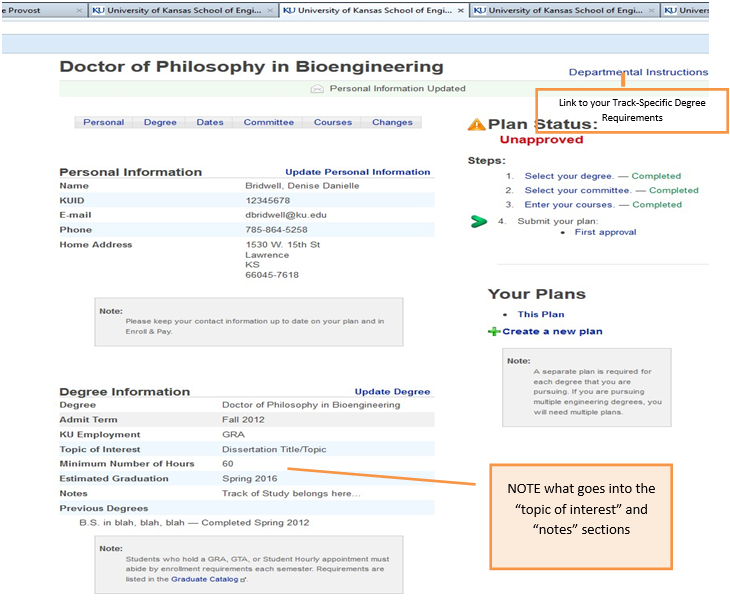 How to link your Track-Specific Degree Requirements and making sure you personal information is up to date.