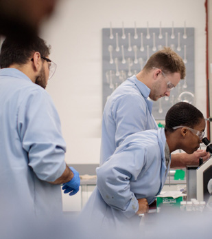 A person looking through a microscope in a lab